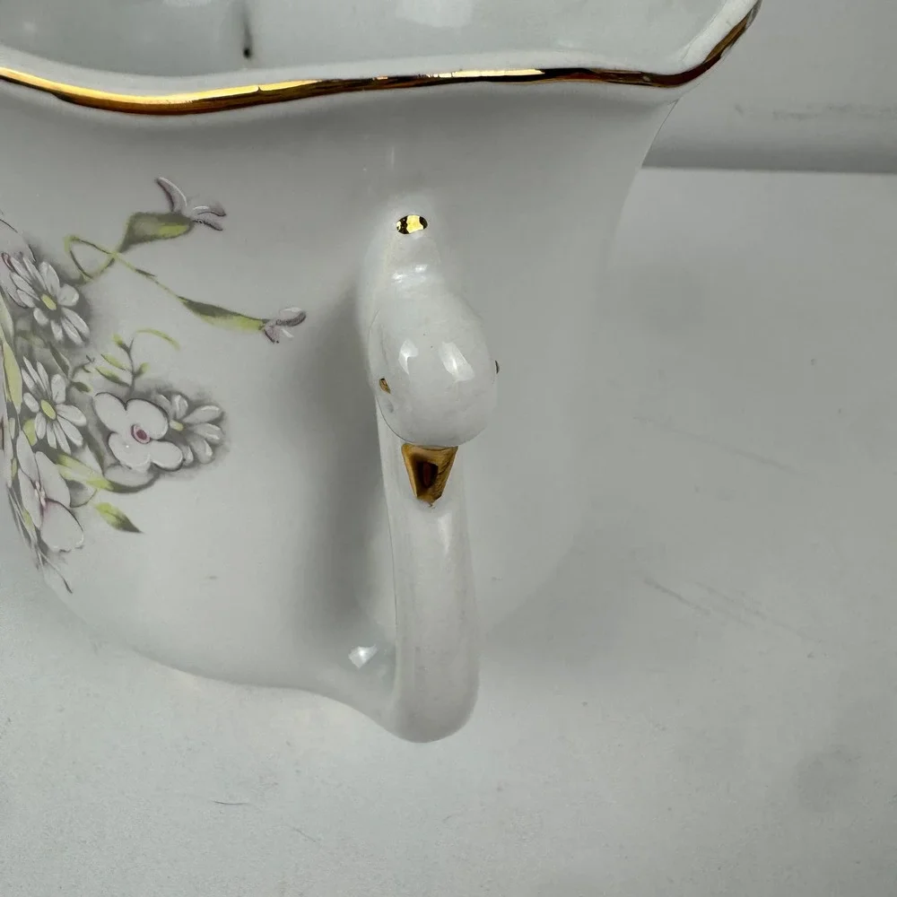 Vtg Valentin Italy Swan Handle Cachepot Planter Floral‎ Porcelain Gold Trim